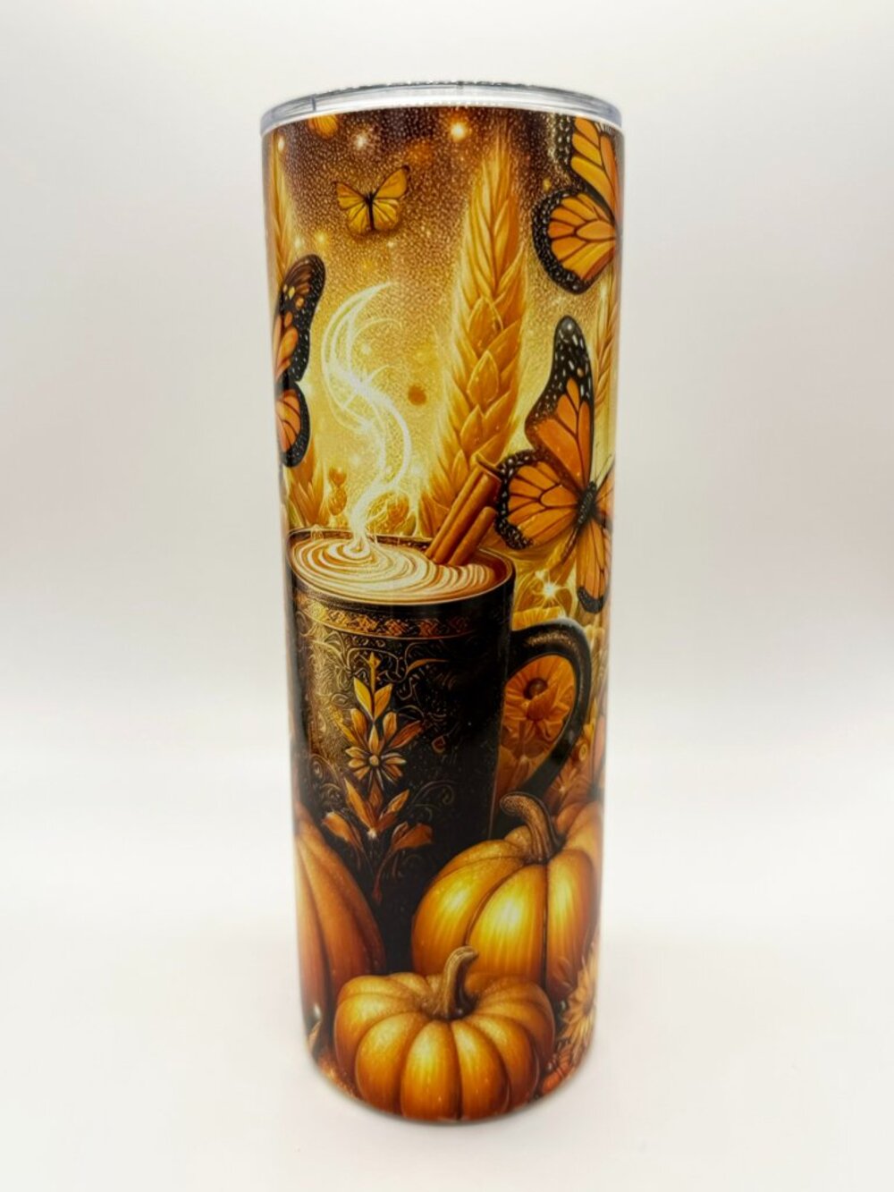 Fall Coffee Pumpkin Butterflies Gold Sunflower Cup Mug Skinny Tumbler 20oz